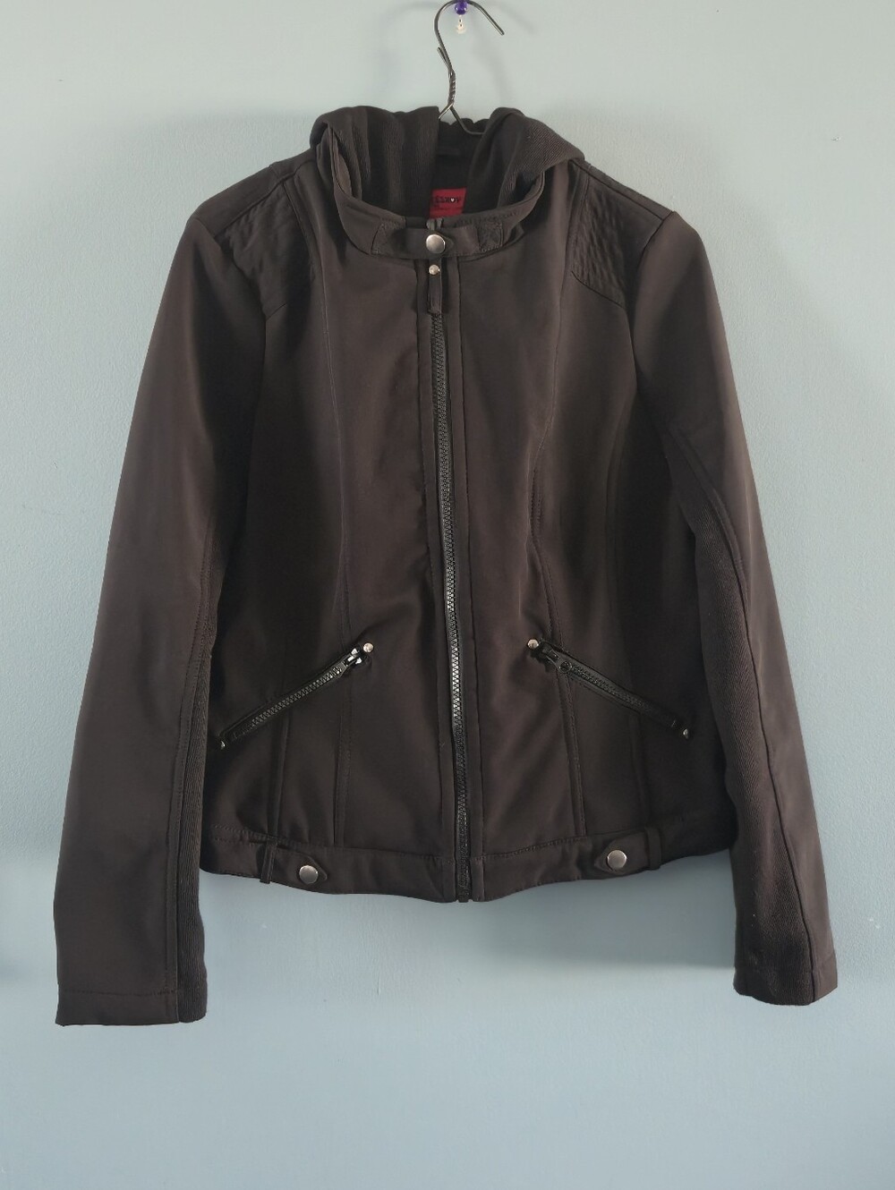 Black Soft Shell Jacket with Built-in Hoodie by Coffee Shop (Med)
